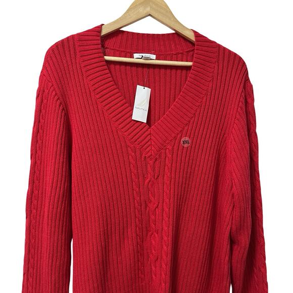 Nautica Womens Cable Knit V Neck Sweater Size XXL Red Thick Fisherman Preppy NWT - Picture 2 of 7